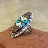Zuni Inlay Sterling Silver Ring with Jet, Turquoise, Coral, and Mother of Pearl - size 7 1/4   (2/104)