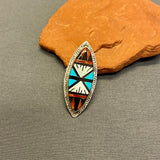 Zuni Inlay Sterling Silver Ring with Jet, Turquoise, Coral, and Mother of Pearl - size 7 1/4   (2/104)