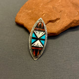Zuni Inlay Sterling Silver Ring with Jet, Turquoise, Coral, and Mother of Pearl - size 7 1/4   (2/104)