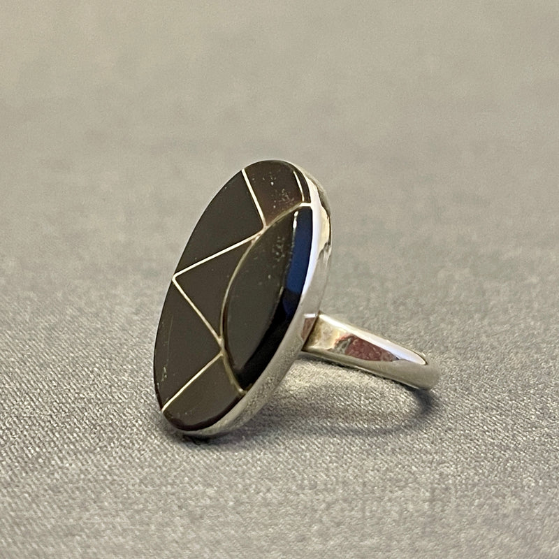 Vintage Zuni Inlay Sterling Silver Ring with Black Jet - size 7 3/4
