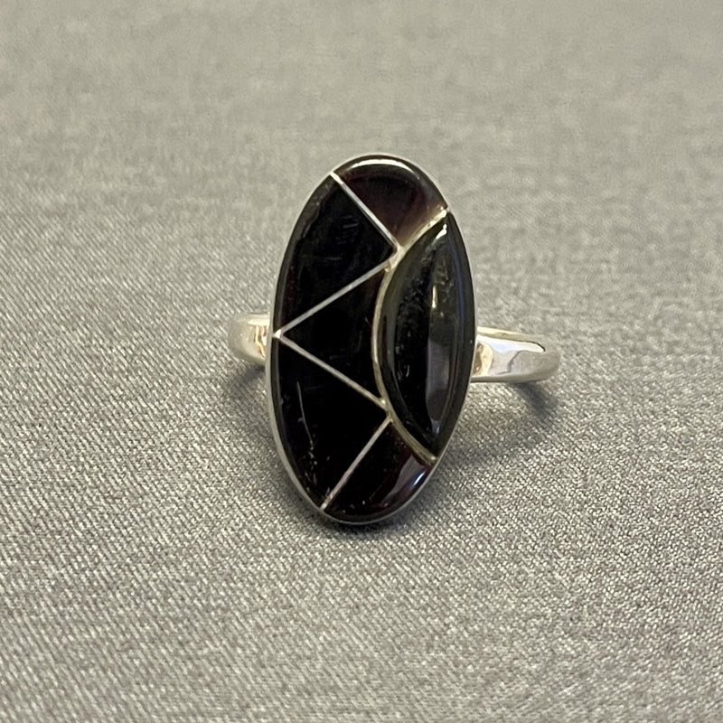 Vintage Zuni Inlay Sterling Silver Ring with Black Jet - size 7 3/4