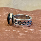Authentic Navajo Black Onyx Ring with Wide Stamped Band - size 9 1/4   (5/24)