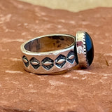 Authentic Navajo Black Onyx Ring with Wide Stamped Band - size 9 1/4   (5/24)