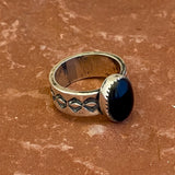 Authentic Navajo Black Onyx Ring with Wide Stamped Band - size 9 1/4   (5/24)