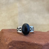 Authentic Navajo Black Onyx Ring with Wide Stamped Band - size 9 1/4   (5/24)