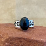 Authentic Navajo Black Onyx Ring with Wide Stamped Band - size 9 1/4   (5/24)