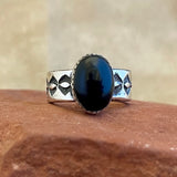 Authentic Navajo Black Onyx Ring with Wide Stamped Band - size 9 1/4   (5/24)