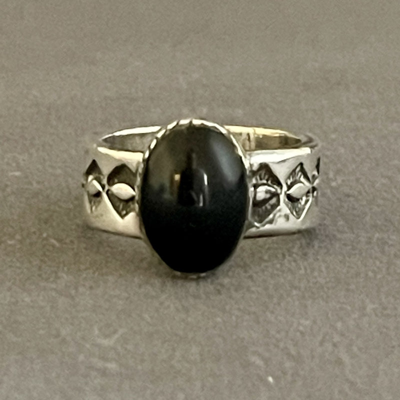 Authentic Navajo Black Onyx Ring with Wide Stamped Band - size 9 1/4   (5/24)