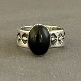 Authentic Navajo Black Onyx Ring with Wide Stamped Band - size 9 1/4   (5/24)