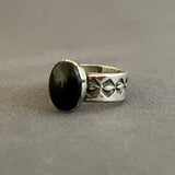 Authentic Navajo Black Onyx Ring with Wide Stamped Band - size 9 1/4   (5/24)