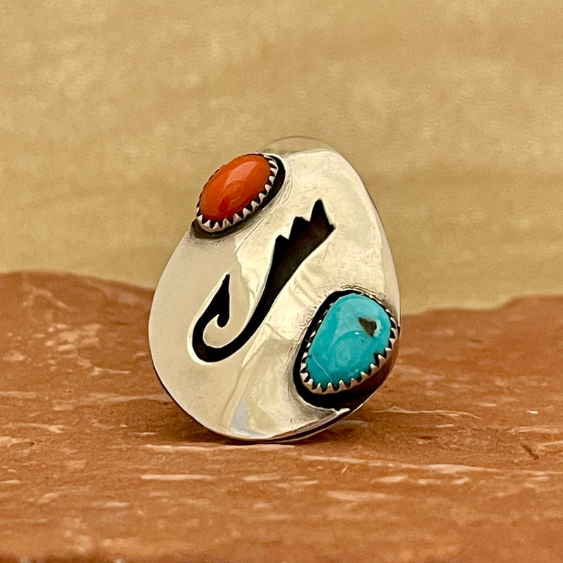 Authentic Vintage Navajo Overlay Ring with Turquoise and Coral - size 6 3/4   (1/501)