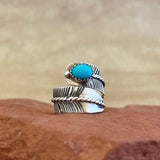 Authentic Navajo Silver Feather Wrap Ring with Turquoise Stone from Running Bear Shop - Size 8 1/2   (5/131)