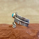 Authentic Navajo Silver Feather Wrap Ring with Turquoise Stone from Running Bear Shop - Size 8 1/2   (5/131)