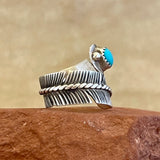 Authentic Navajo Silver Feather Wrap Ring with Turquoise Stone from Running Bear Shop - Size 8 1/2   (5/131)