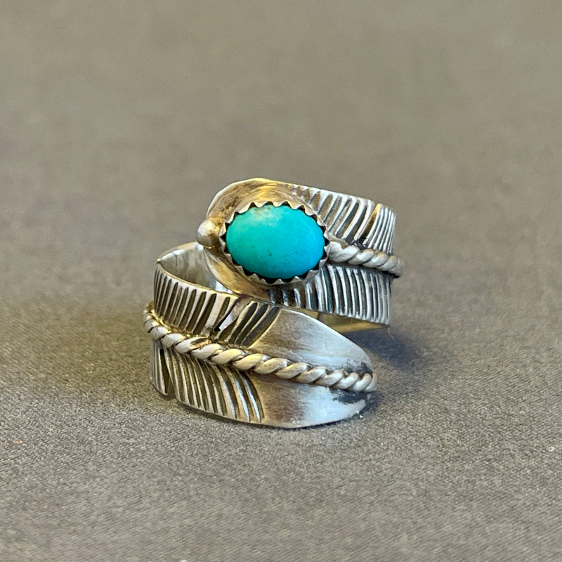 Authentic Navajo Silver Feather Wrap Ring with Turquoise Stone from Running Bear Shop - Size 8 1/2   (5/131)