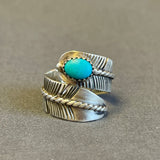 Authentic Navajo Silver Feather Wrap Ring with Turquoise Stone from Running Bear Shop - Size 8 1/2   (5/131)