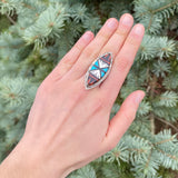 Zuni Inlay Sterling Silver Ring with Jet, Turquoise, Coral, and Mother of Pearl - size 7 1/4   (2/104)