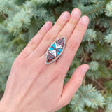 Zuni Inlay Sterling Silver Ring with Jet, Turquoise, Coral, and Mother of Pearl - size 7 1/4   (2/104)