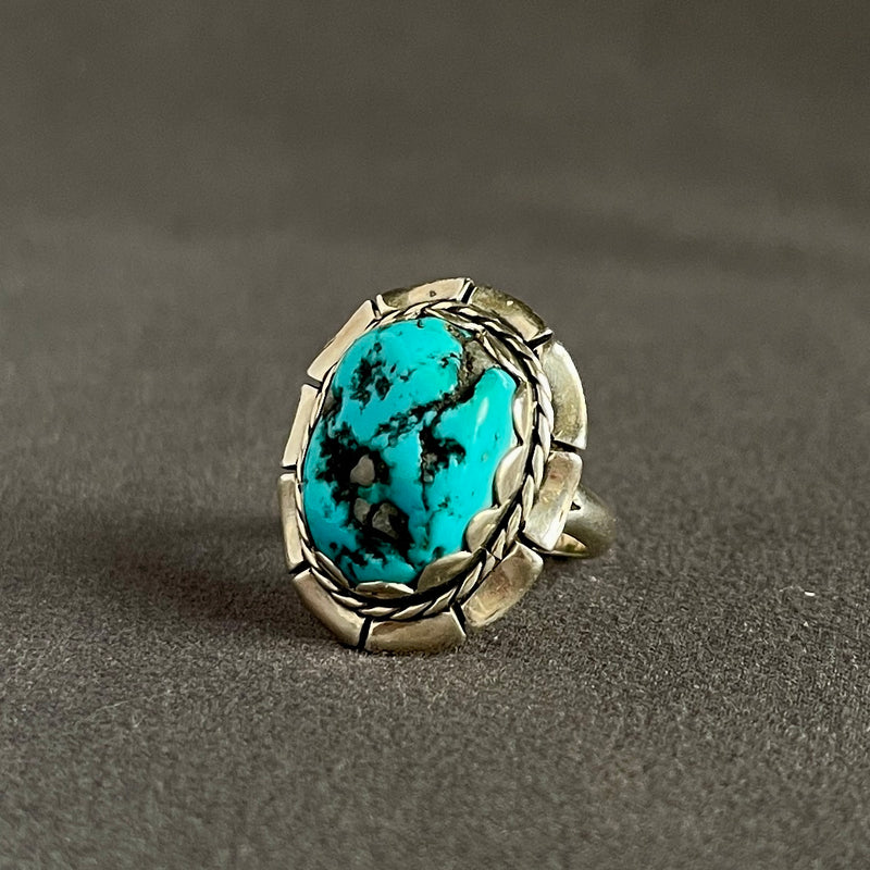 Dennis James, Navajo Sterling Silver Ring with Blue Turquoise Nugget, vintage Native American - size 7   (5/140)