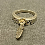 Ray Tracey, Navajo Contemporary Stamped Silver Band with Feather Dangle - size 6 1/2   (5/30)