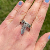 Ray Tracey, Navajo Contemporary Stamped Silver Band with Feather Dangle - size 6 1/2   (5/30)