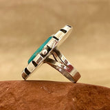 Authentic Navajo Curled Sterling Silver Ring with Blue Turquoise, vintage Native American - size 6 3/4   (WH112)