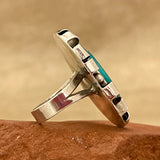 Authentic Navajo Curled Sterling Silver Ring with Blue Turquoise, vintage Native American - size 6 3/4   (WH112)