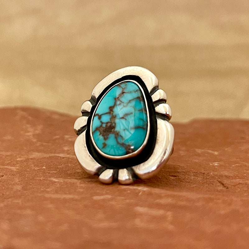 Vintage Navajo Sterling Silver Shadowbox Ring with Blue Turquoise, authentic Native American - size 7   (WH113)