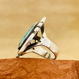 Vintage Navajo Sterling Silver Shadowbox Ring with Blue Turquoise, authentic Native American - size 7   (WH113)