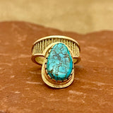 Al Nez, Navajo 14K Gold Tufa Cast Ring with Turquoise Stone, authentic Native American - size 7 1/2   (WH117)