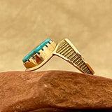 Al Nez, Navajo 14K Gold Tufa Cast Ring with Turquoise Stone, authentic Native American - size 7 1/2   (WH117)