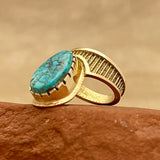 Al Nez, Navajo 14K Gold Tufa Cast Ring with Turquoise Stone, authentic Native American - size 7 1/2   (WH117)