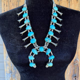 Vintage Navajo Sterling Silver Squash Blossom Necklace with Turquoise Stones, authentic Native American  (GSP3)