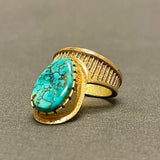 Al Nez, Navajo 14K Gold Tufa Cast Ring with Turquoise Stone, authentic Native American - size 7 1/2   (WH117)