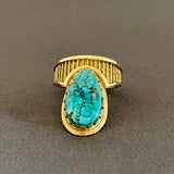 Al Nez, Navajo 14K Gold Tufa Cast Ring with Turquoise Stone, authentic Native American - size 7 1/2   (WH117)