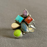 Vintage Navajo Sterling Silver and Multi-Stone Cluster Ring, authentic Native American - size 7 1/4   (WH115)