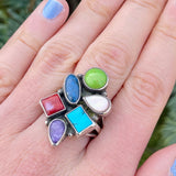 Vintage Navajo Sterling Silver and Multi-Stone Cluster Ring, authentic Native American - size 7 1/4   (WH115)