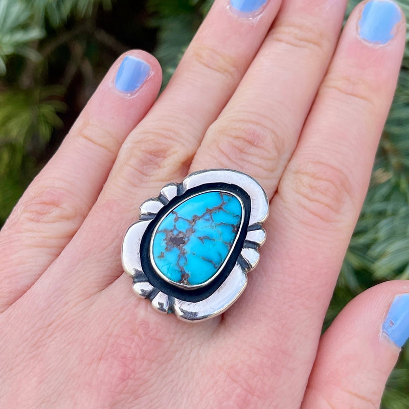 Vintage Navajo Sterling Silver Shadowbox Ring with Blue Turquoise, authentic Native American - size 7   (WH113)