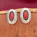 Stamped oval silver post earrings w shadowbox inlay coral - Tommy Jackson, Navajo (SS78)