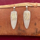 Small round silver post earrings w arrowhead shaped cast silver dangle, 14k gold overlay wave design - Myron Panteah (SS71)