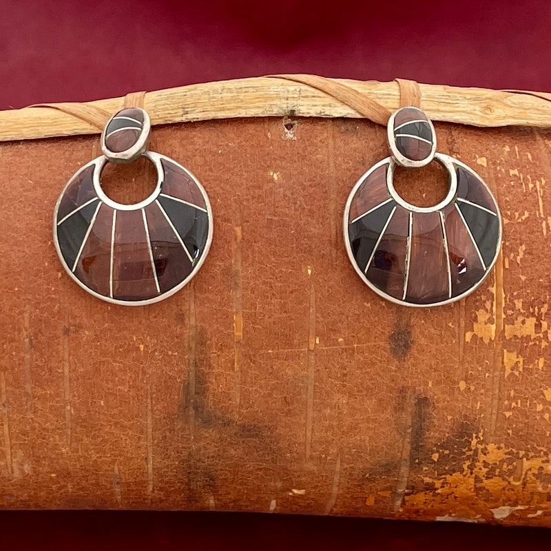 Oval inlaid post earrings w round hinge dangle contemporary flush inlay tiger eye - "BGM" B.G. Mudd (SS64)