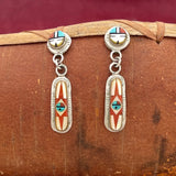 Zuni sunface post earrings-silver w TQ, jet, MOP and coral inlay w inlaid dangle - RJ Edaakie (SS54)