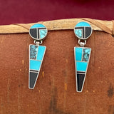 Ray Tracey contemporary flush inlay earrings, Round post inlaid w TQ and black jet with triangle hinge inlaid w TQ and black jet (SS82)