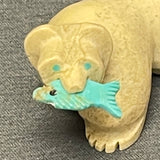 Zuni White Serpentine Bear Fetish with Carved Turquoise Fish  (SSC31)