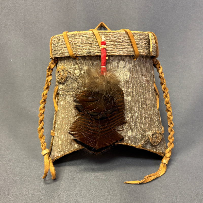 Nolberto Gillespie, Echota Cherokee Tulip Poplar Bark Wall-Hanging Basket with Feathers, vintage Native American  (WHC17)