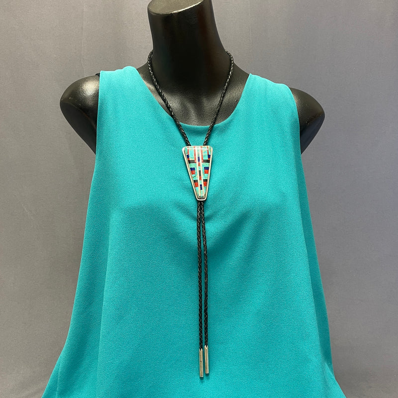 Daniel Coriz, Kewa (Santo Domingo) Multi-Stone Flush Inlay Bolo Tie, vintage Native American   (JF76)