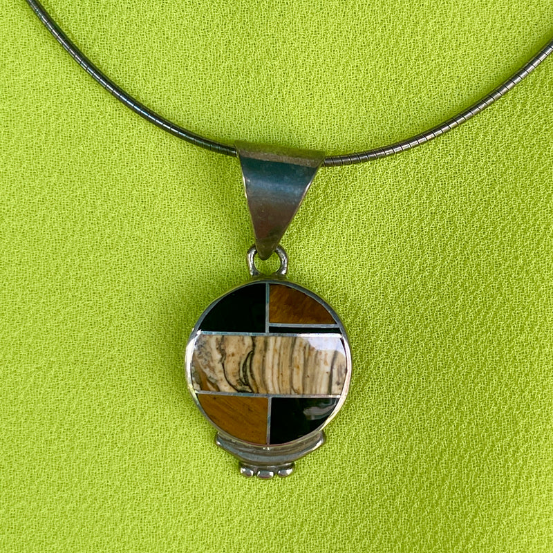 Inlay pendant with black jet, picture jasper and tiger eye. Made by Supersmith (PZ9)
