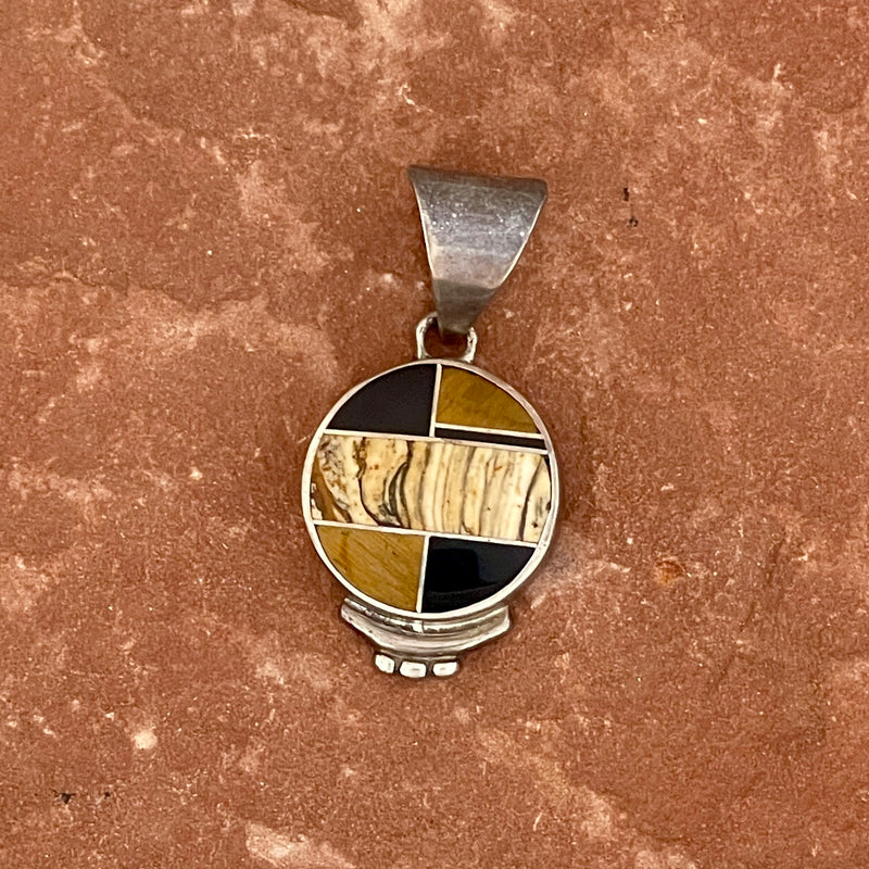 Inlay pendant with black jet, picture jasper and tiger eye. Made by Supersmith (PZ9)