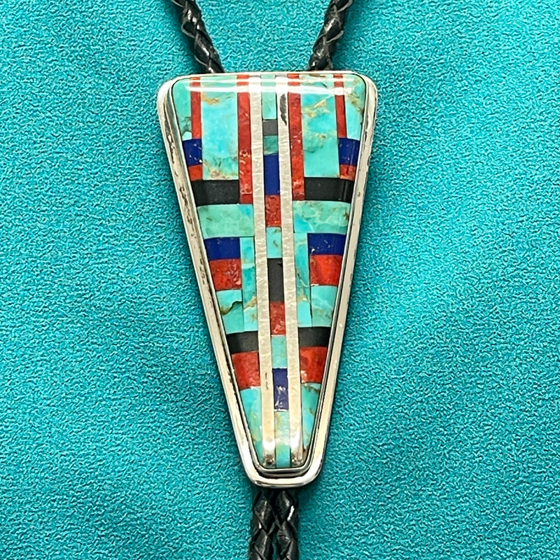 Daniel Coriz, Kewa (Santo Domingo) Multi-Stone Flush Inlay Bolo Tie, vintage Native American   (JF76)