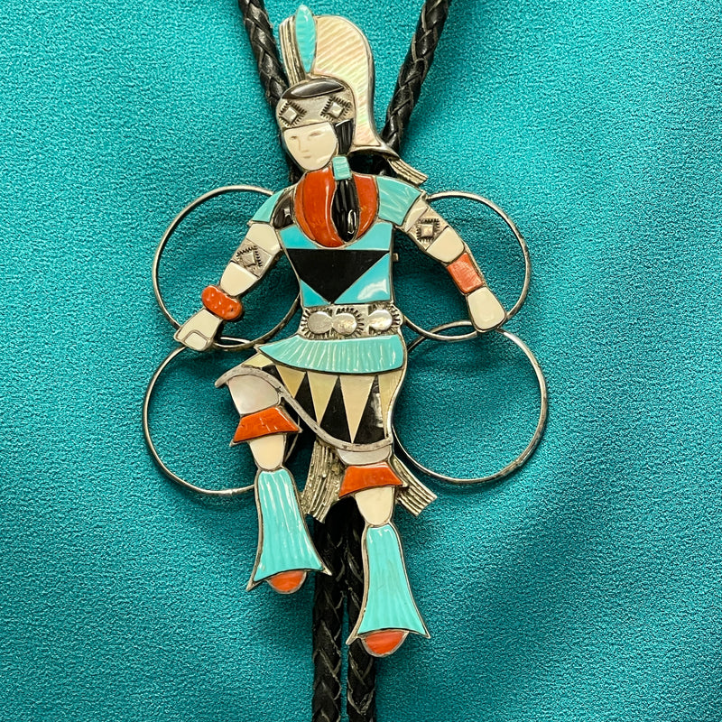 Eddie Beyuka, Zuni Inlay Hoop Dancer Bolo Tie with Silver Drum Tips, vintage Native American   (JF52)